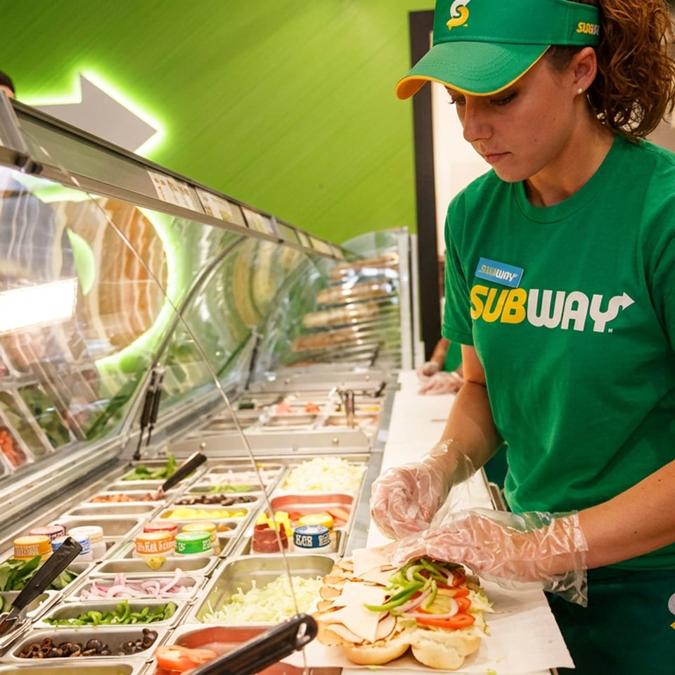 A Subway employee in a green uniform prepares a sandwich with fresh ingredients at the counter.