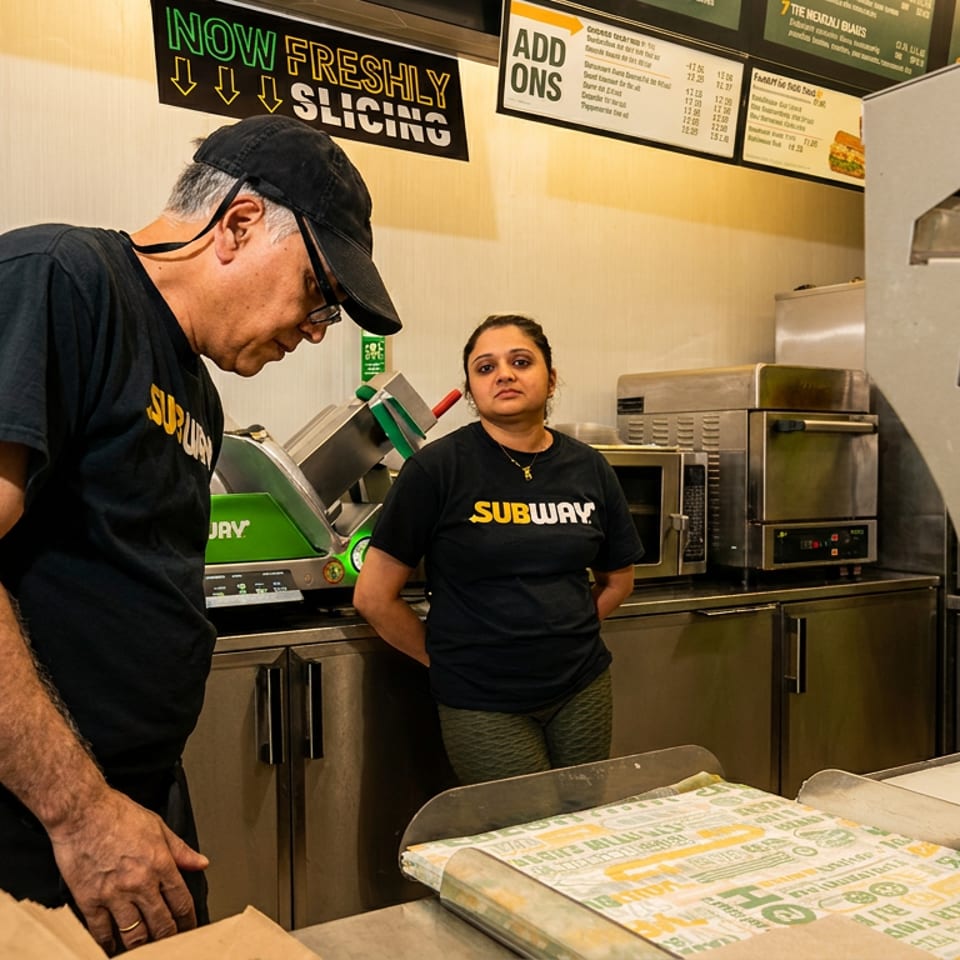 Two Subway employees behind a counter with a "NOW FRESHLY SLICING" sign.