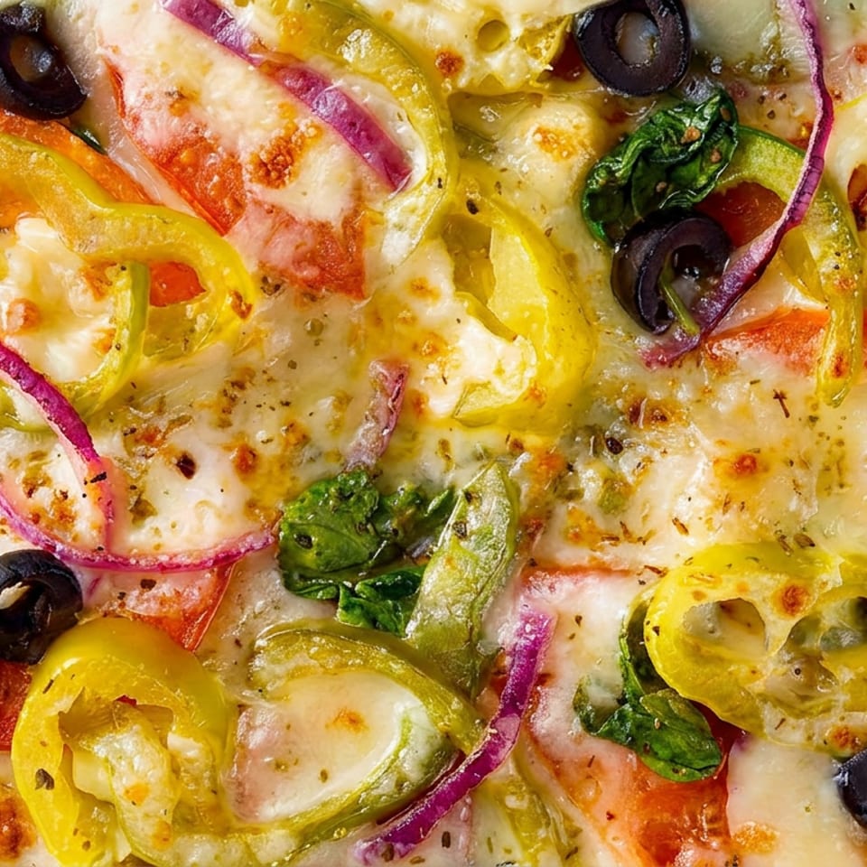 Delicious pizza topped with melted cheese, fresh tomatoes, peppers, red onions, olives, and spinach.