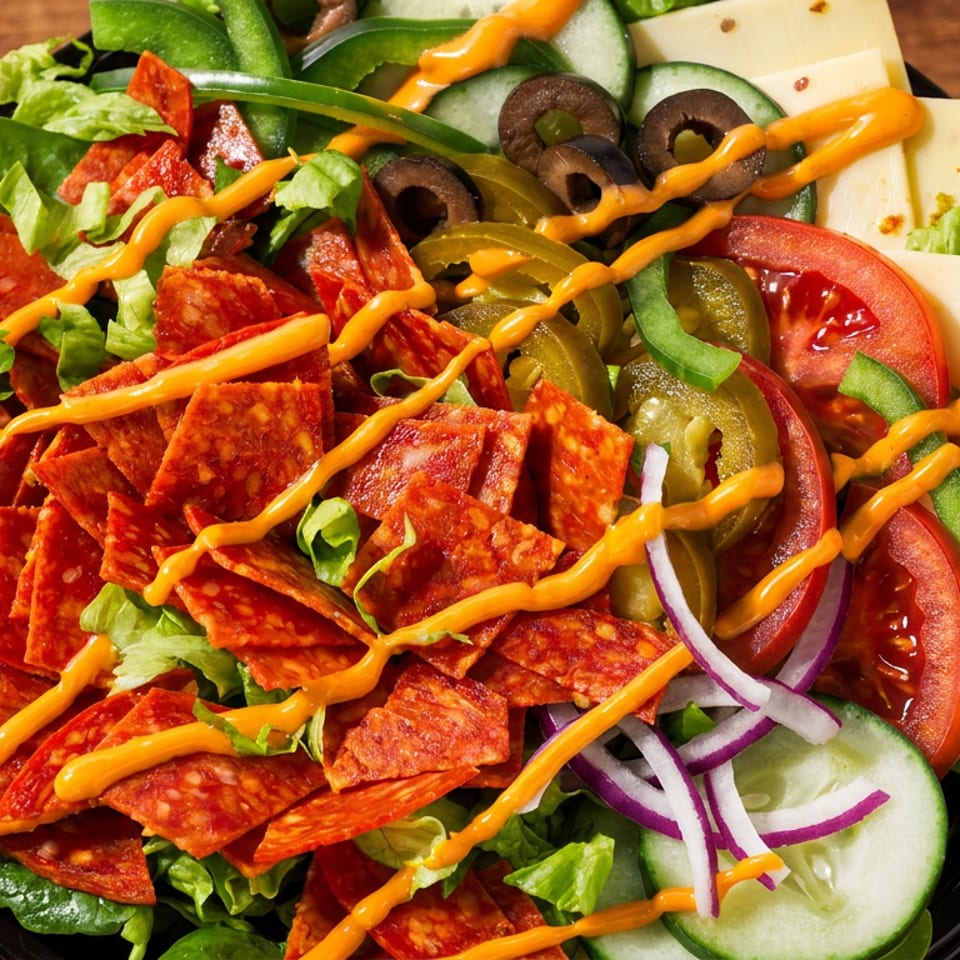 Pepperoni salad with mixed greens, sliced vegetables, cheese, and orange dressing in a black bowl.