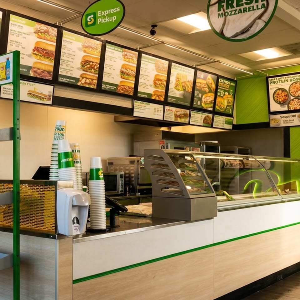 Subway restaurant interior with a food counter, digital menu boards, and a dedicated pickup station.