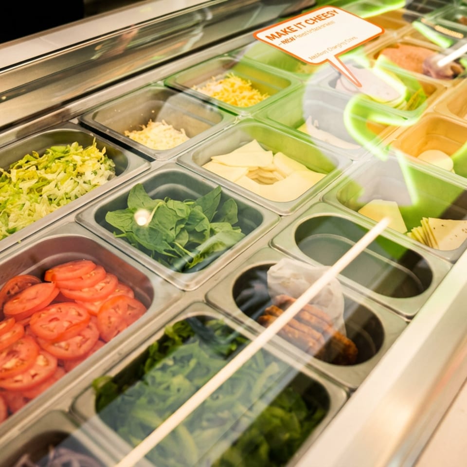 Refrigerated food display counter with fresh lettuce, tomatoes, spinach, and cheese in various bins.