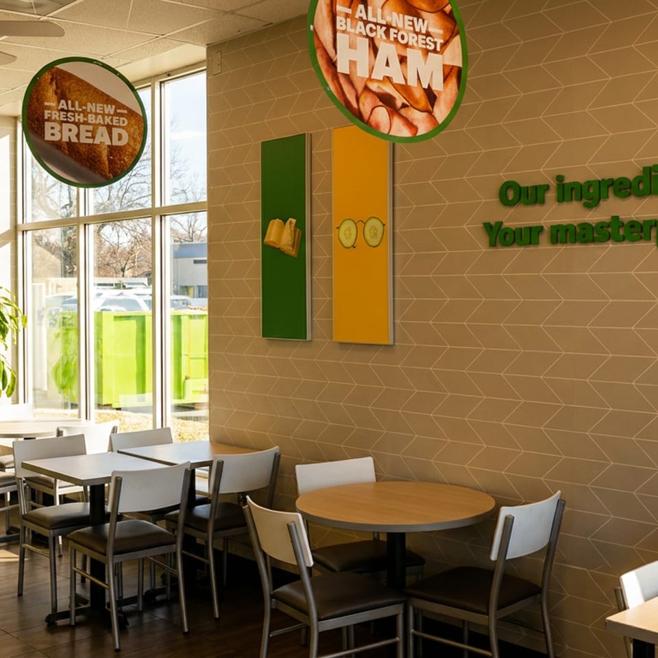 Sunny Subway dining area with tables, chairs, ingredient signs, and a 'Your masterpiece' wall quote.